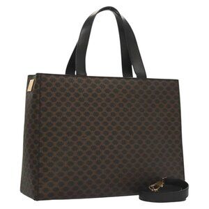 CELINE Macadam Canvas Hand Bag PVC Leather 2way Black Gold Auth